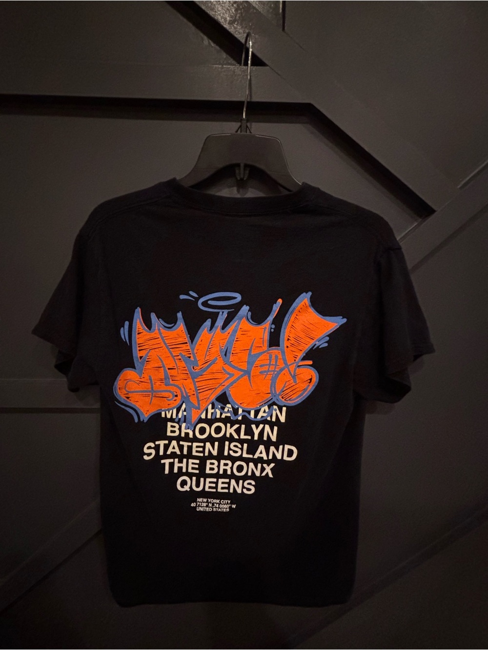 Fashion Nova Black Tee with Orange & Blue Graffiti Back Print